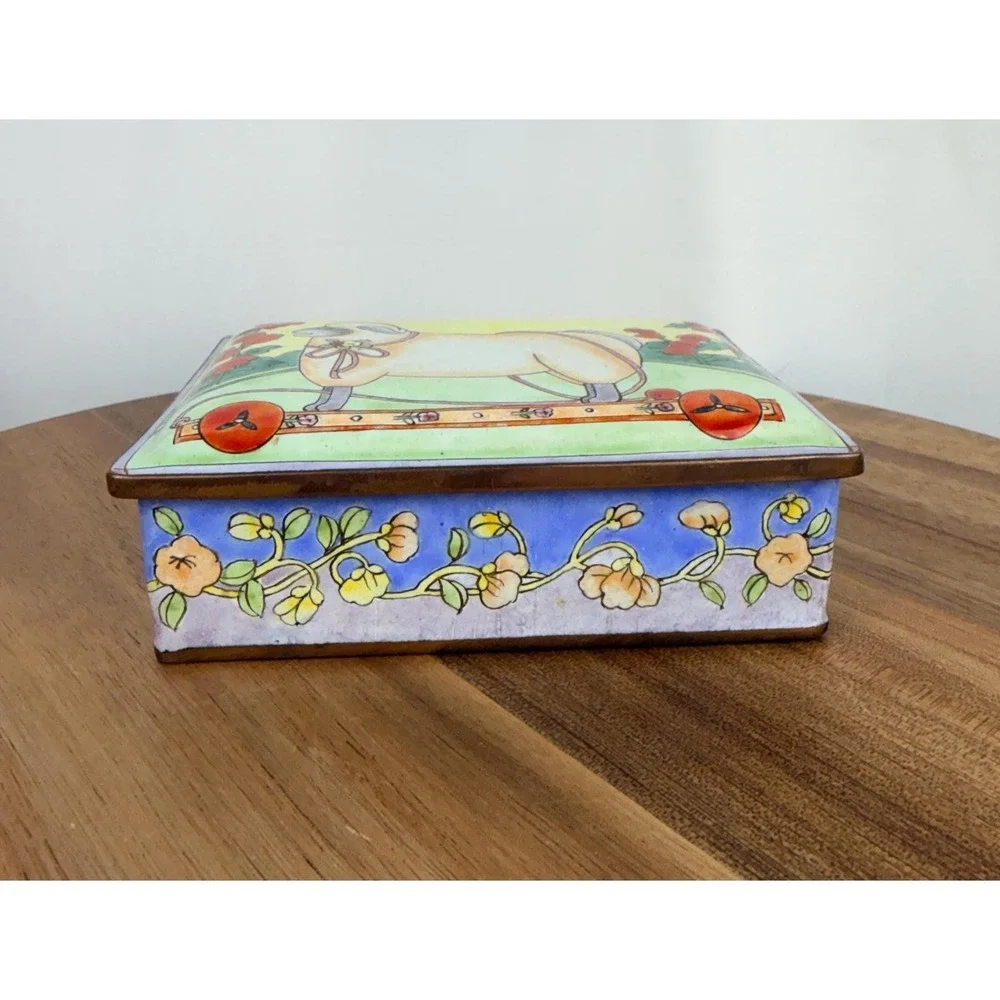 Vintage Sheep Pull Toy Folk Art Trinket Box -Whimsical Enamelware Jewelry Box